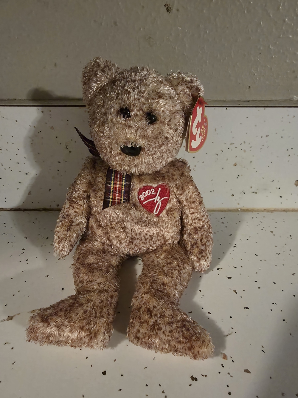 Ty Beanie Baby '2002 Heart' Brown Plush Bear with Plaid Bow Signature Bear